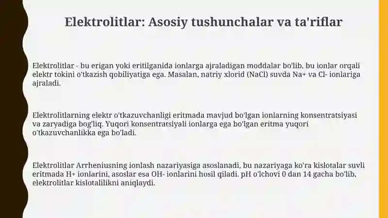 Qurilish kimyosi fani mavzu elktrolitlar 3