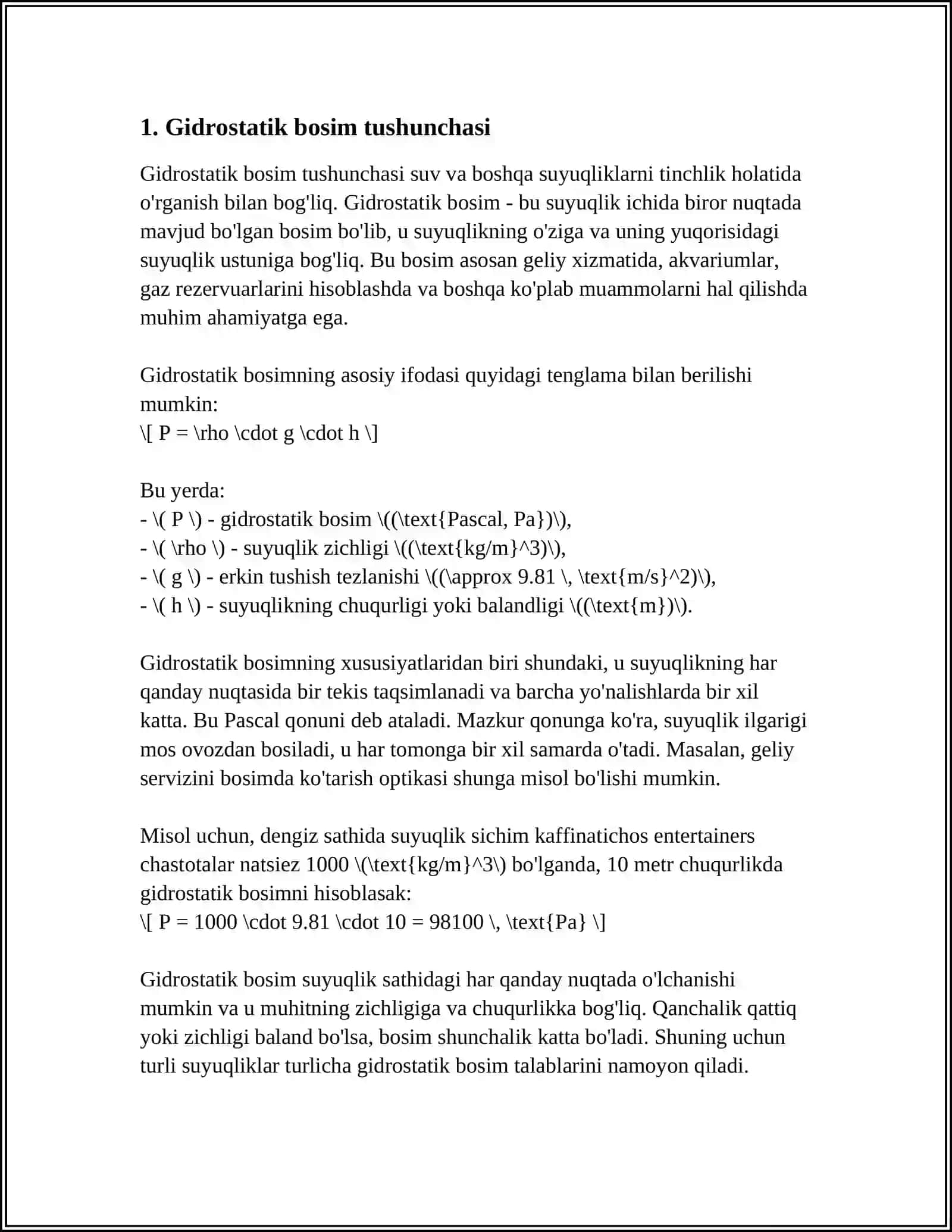 GIDROSTATIK BOSIM VA UNING XOSSALARI 3