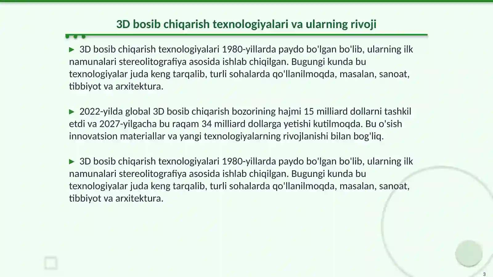 3D bosib chiqarish texnologiyalari va ularning rivoji 3