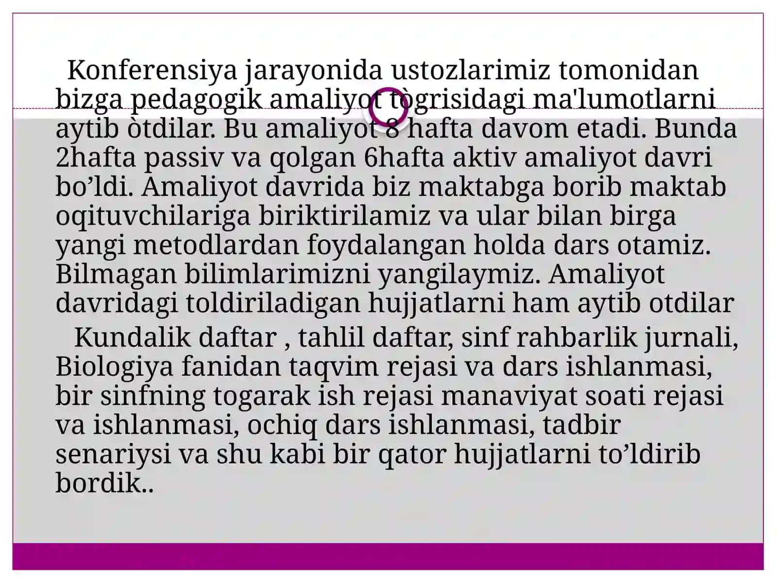 BUXORO DAVLATI BIY FANLAR VA AGROBIOTEXNOLOGIYALAR FAKULTETI 2.2 EKO 21-MURODOVA SHOHRUZANING PEDAGOGIK AMALIYOTIGA DOIR TAQDIMOTI 3