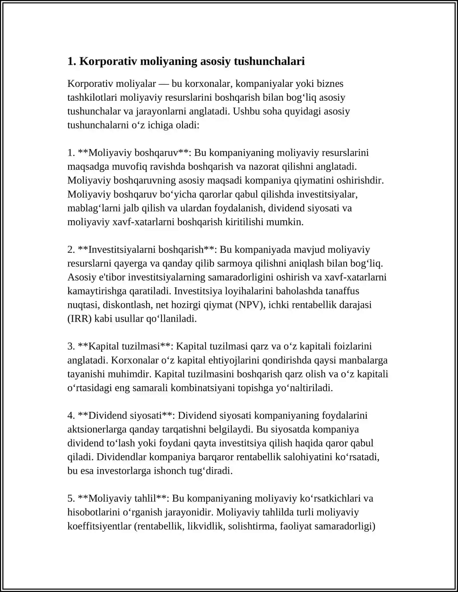 KORPORATIV MOLIYA VA UNING MAZMUN - MOHIYATI 3