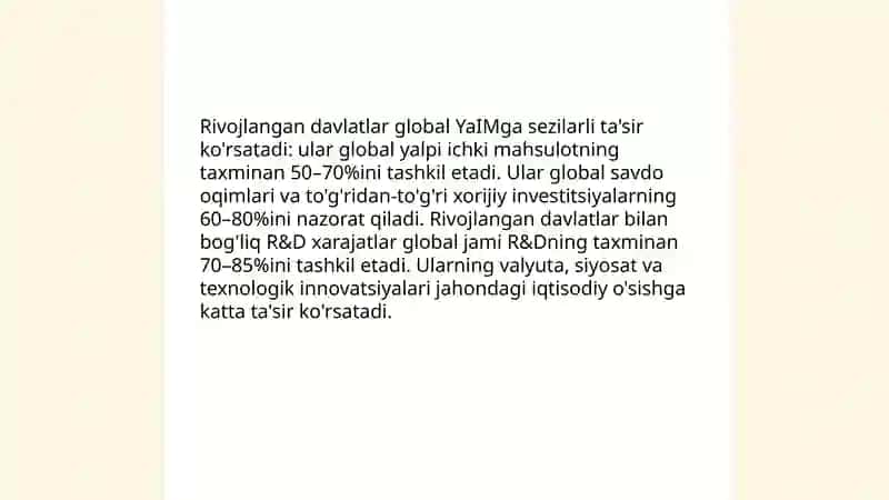 JAHON XO'JALIGIDA RIVOJLANGAN DAVLATLAARNING O'RNI 3