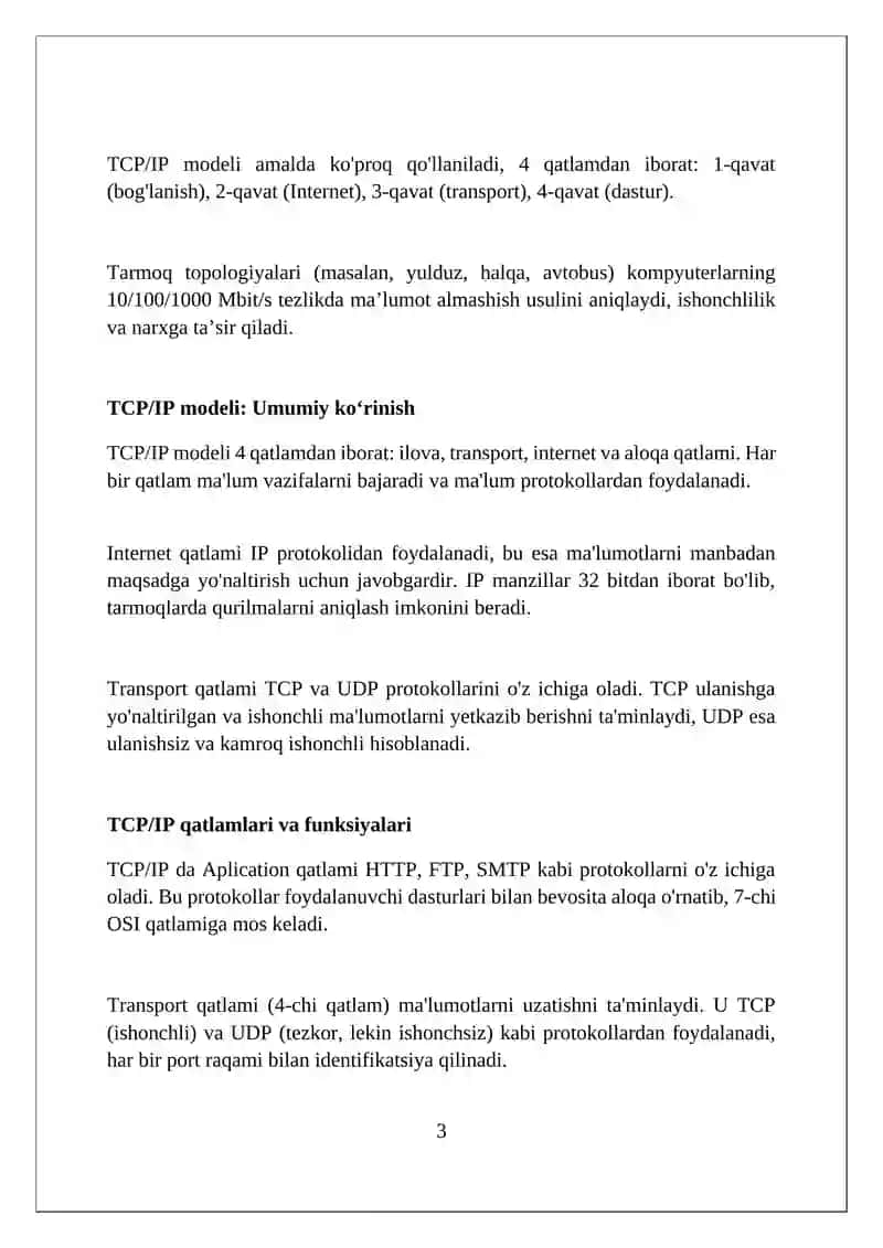 TCP/IP va OSI modellarning kompyuter tarmoqlarini qurishda o'rn 3