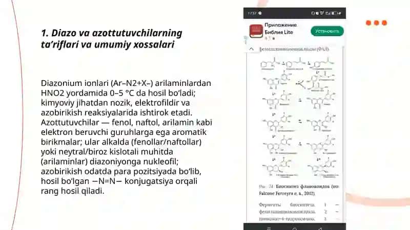 Diazo- va azottutuvchilar.Azobirikish sharoitlari. Azob yoʻqlar. Rang va tuzilish orasidagi bogʻlanish 3