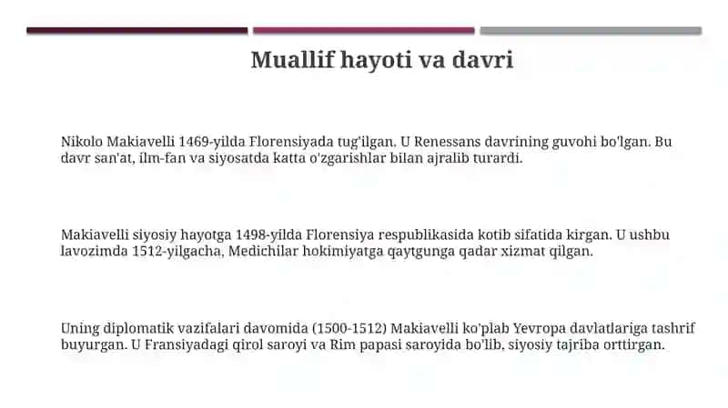 Makiavellining "Xukmdor" asari haqida 3