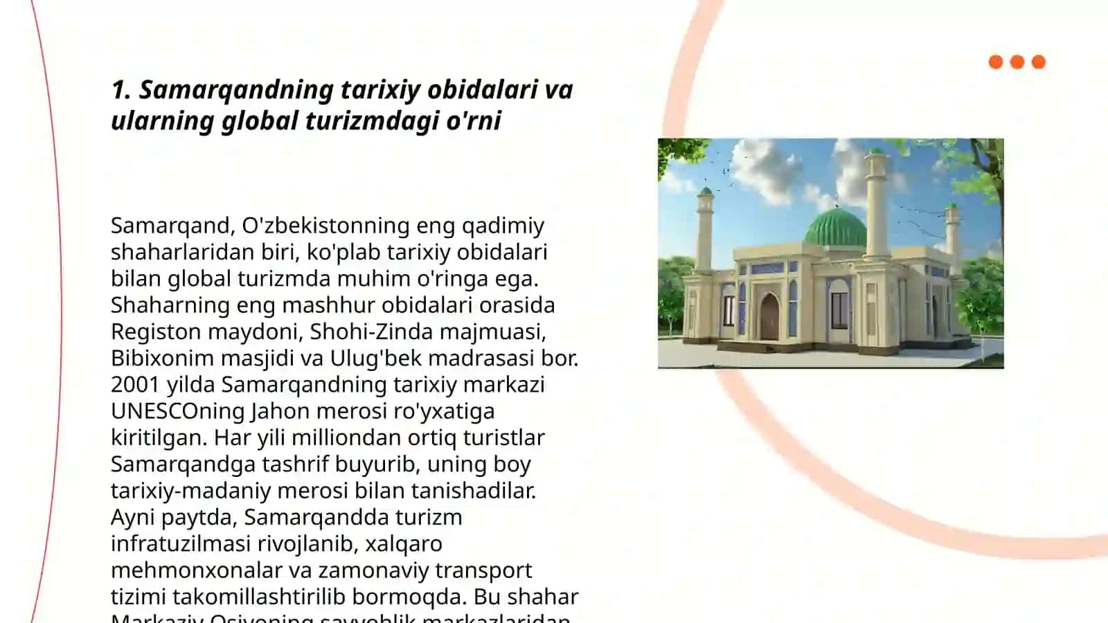 Samarqandning tarixiy obidalari va ularning global turizm 3