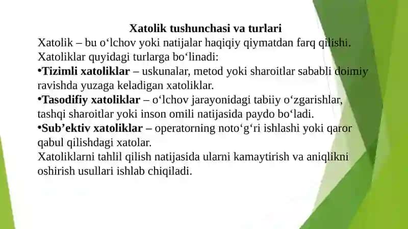 O'lchash xatoliklari turi va kamaytirish usullari 3