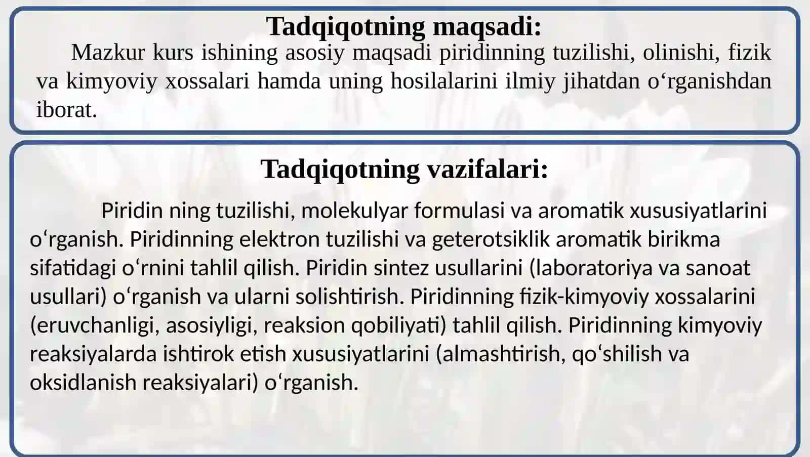 Piridin sintezi uning tuzilishi va xossalari 3