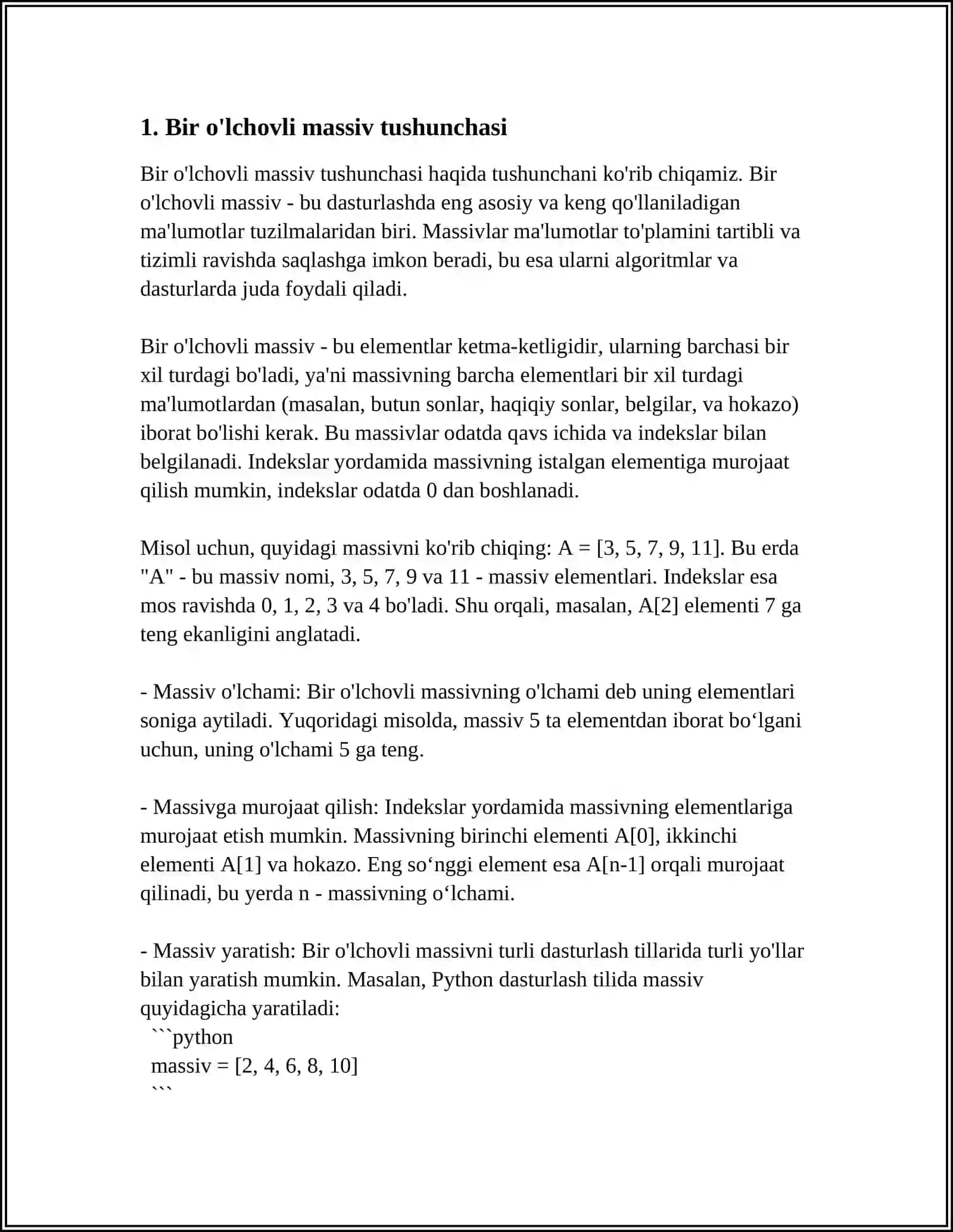 PYTHON DASTURLASH TILIDA BIR O’LCHOVLI MASSIVLARNI FUNKSIYA PARAMETRLARI SIFATIDA QO’LLANILISHI 3