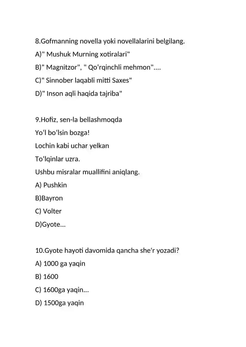 jahon adabiyoti mustahkamlash uchun testlar 3