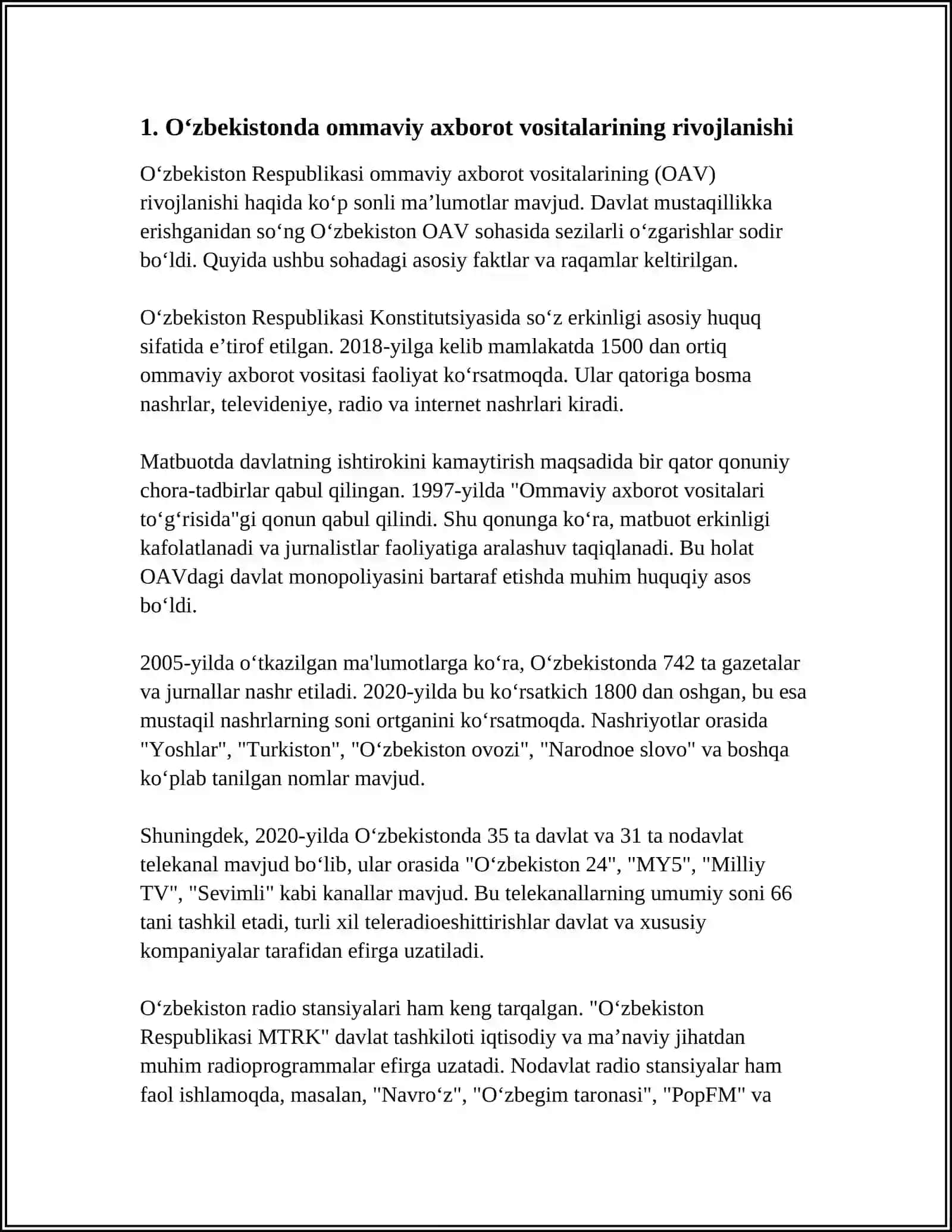 OʻZBEKISTON RESPUBLIKASIDA OMMAVIY AXBOROT VOSITALARINING FAOLIYATI 3