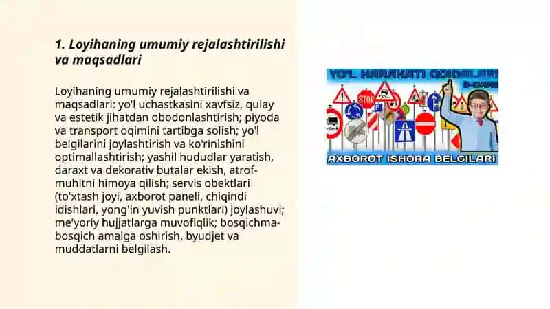 Bir yoʻl uchastkasining obodonlashtirish loyihasi ( yoʻl belgilarini, yashil hududni servis obektlarini joylashtirish) 3