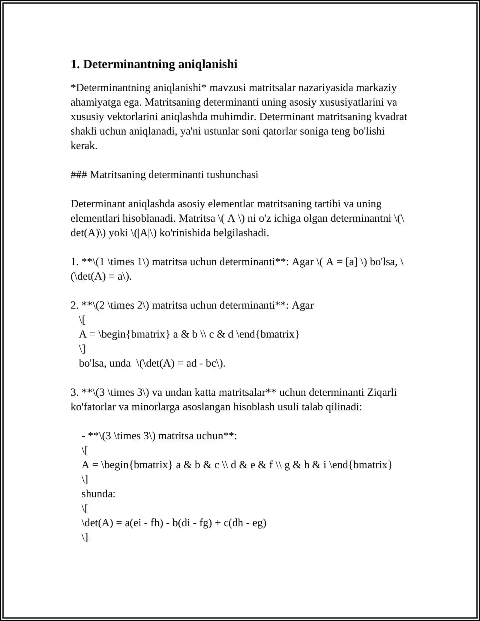 MUSTAQIL ISH Mavzu: DETERMINANTLAR NAZARIYASI 3