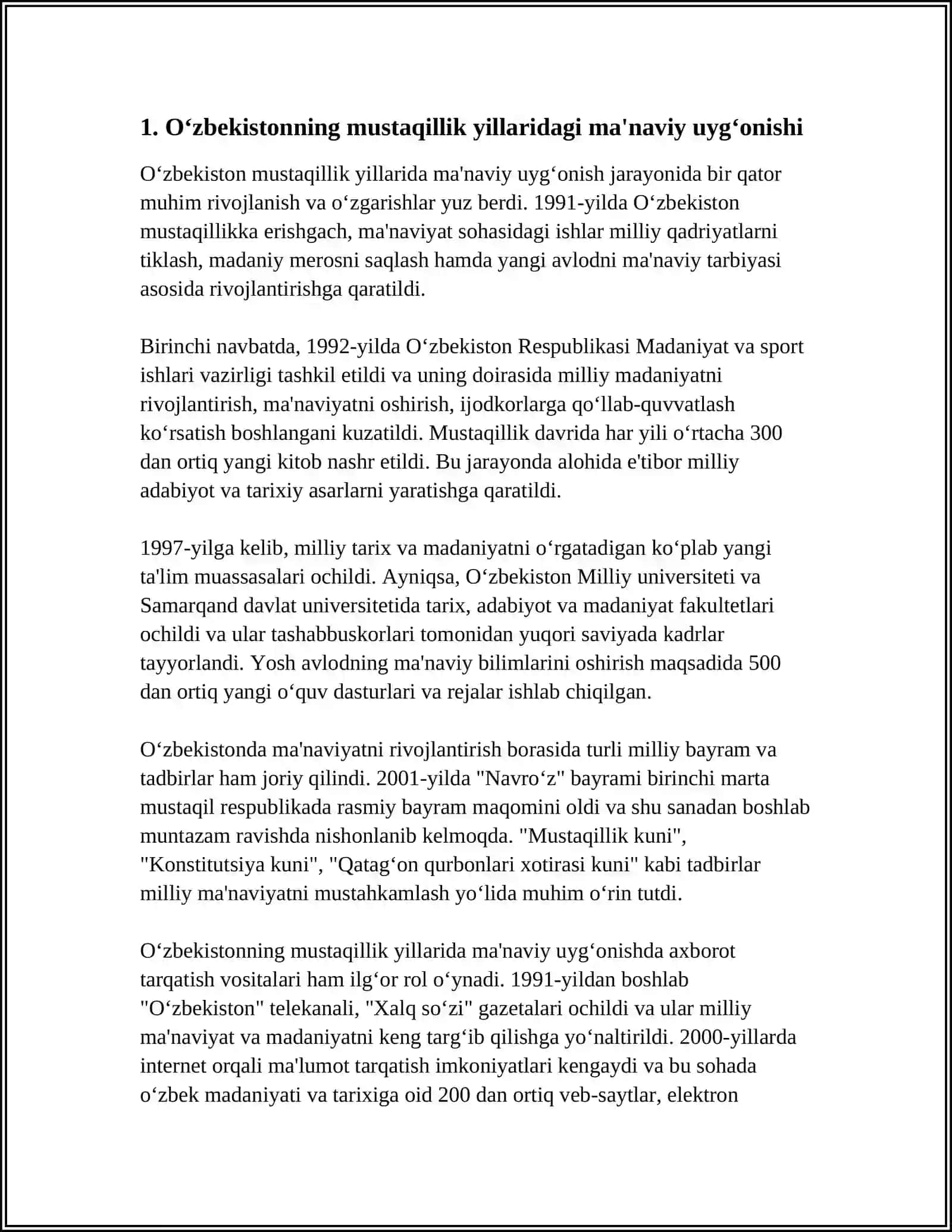 MUSTAQILLIK YILLARIDA OʻZBEKISTONNING MA'NAVIY VA MADANIY TARAQQIYOTI 3