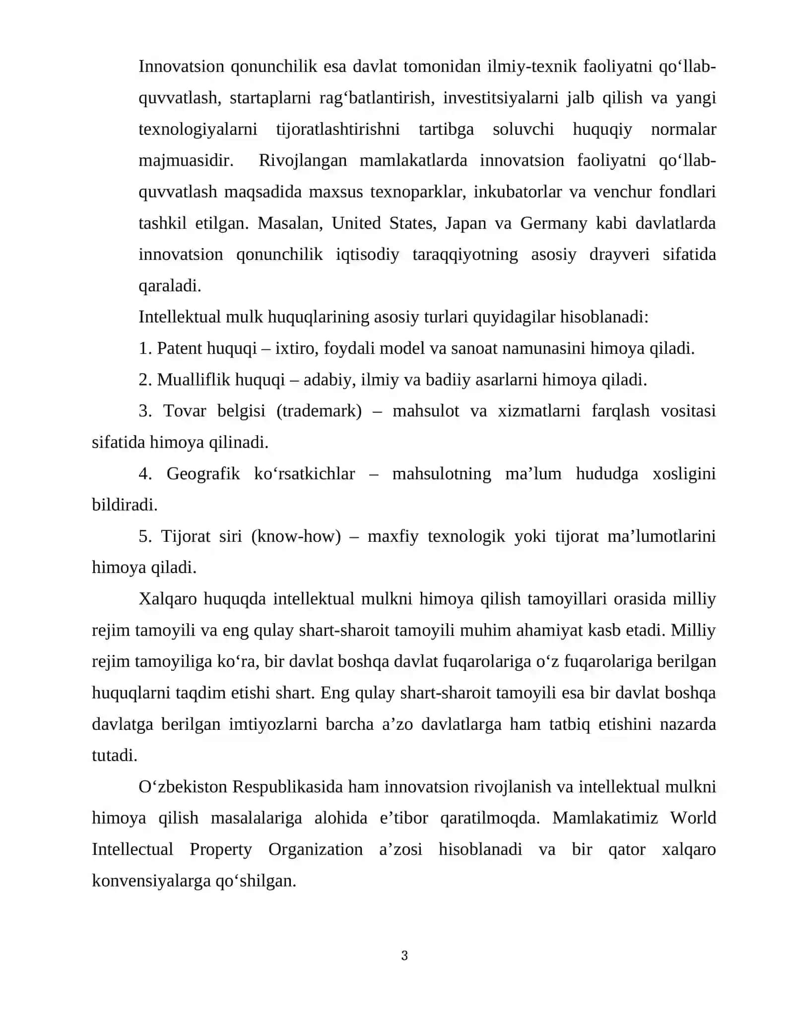XALQARO INNOVATSION QONUNCHILIK VA INTELEKTUAL MULK HIMOYASI 3