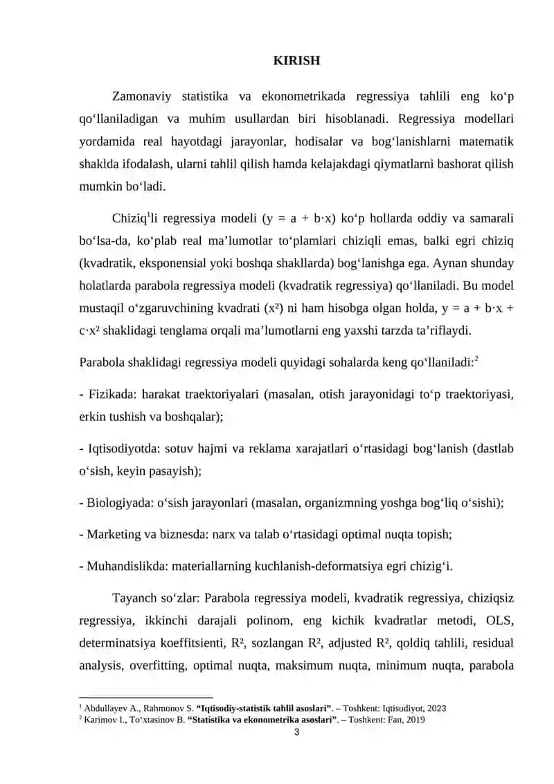 Parabola regressiya modeli. REFERAT | MUSTAQIL ISH 3
