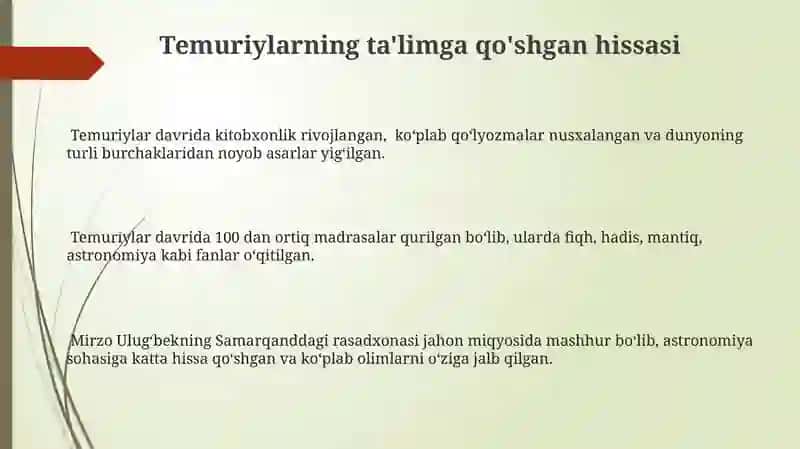 Temuriylarning ta'limga qo'shgan hissasi 3
