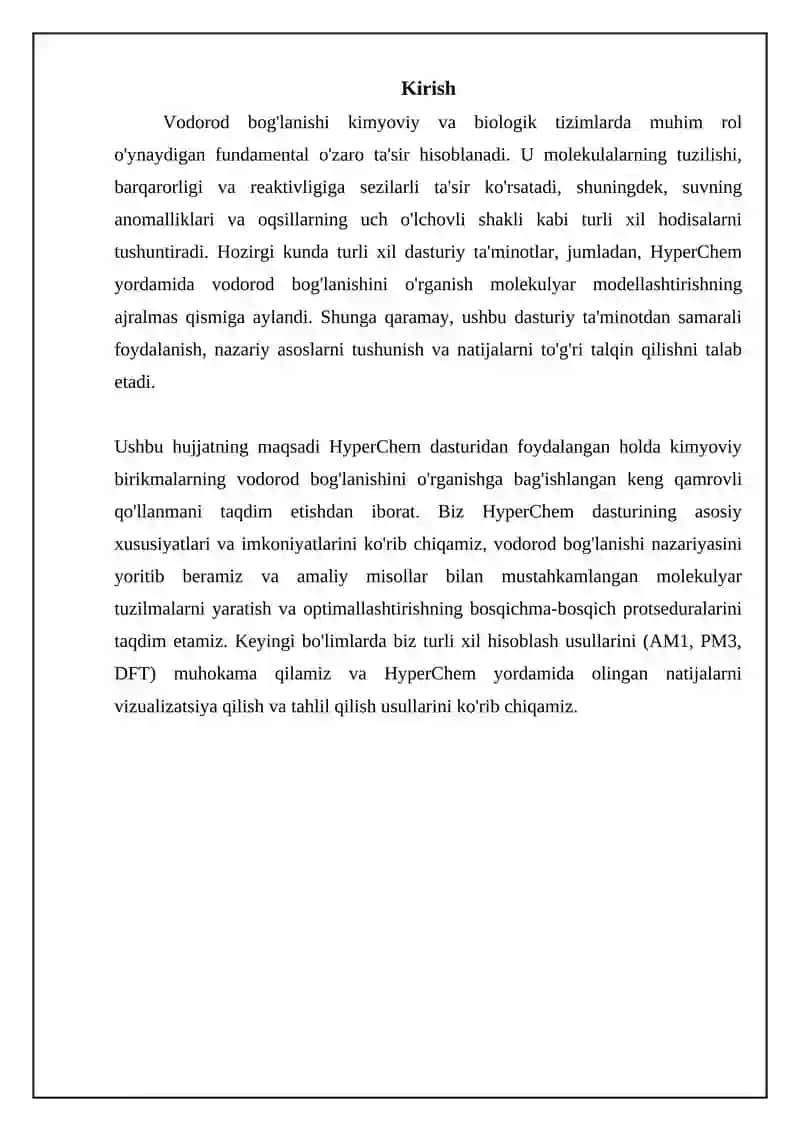 HyperChem dasturida vodorod bog'lanishini o'rganish 3