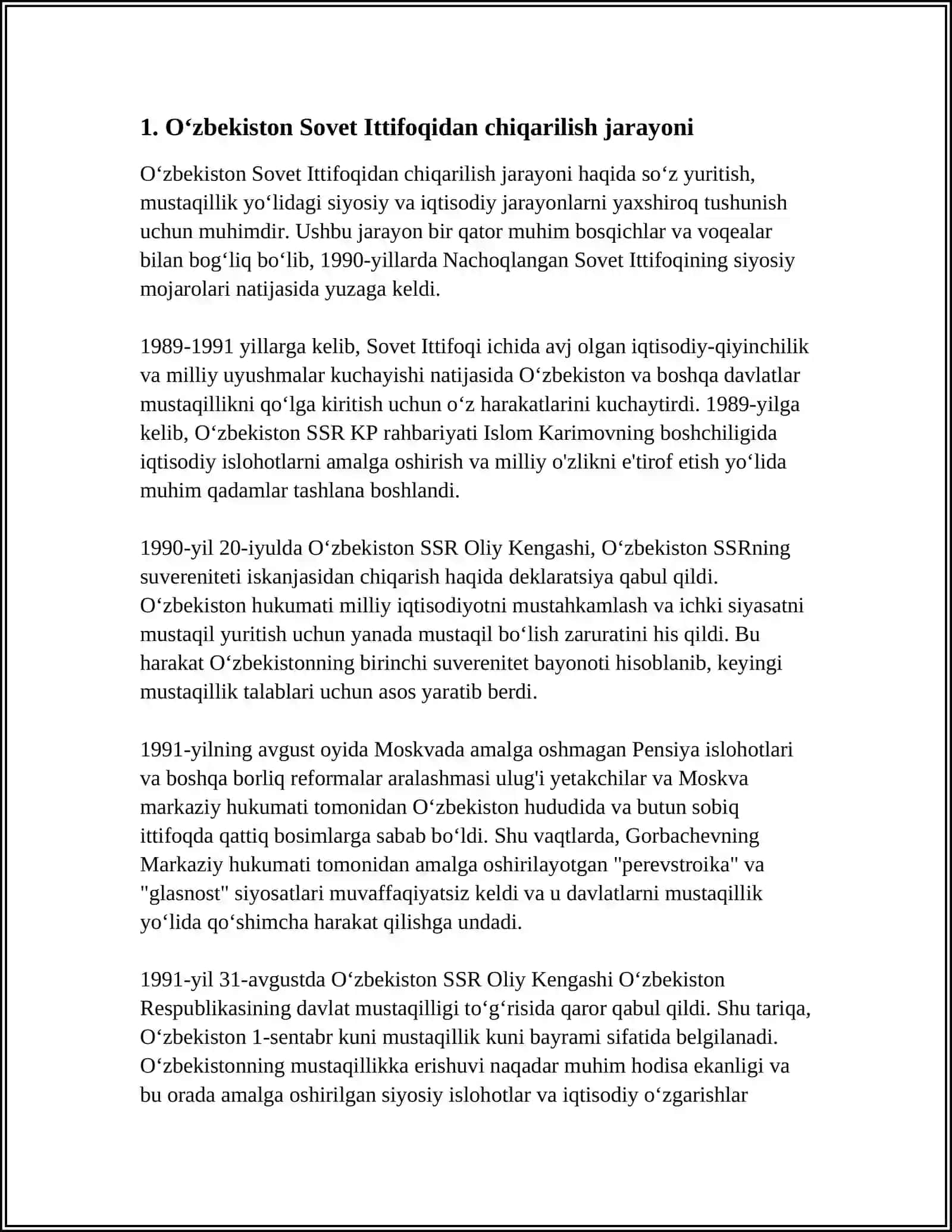 Oʻzbekiston MUSTAQILLIKKA ERISHISH OSTONASIDA 3