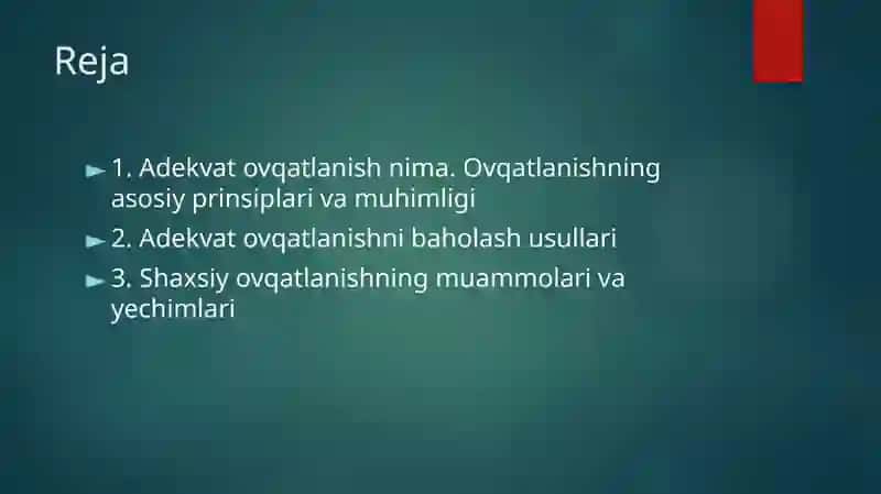 Shaxsiy ovqatlanishning adekvatligini oʻrganish va baholash 3