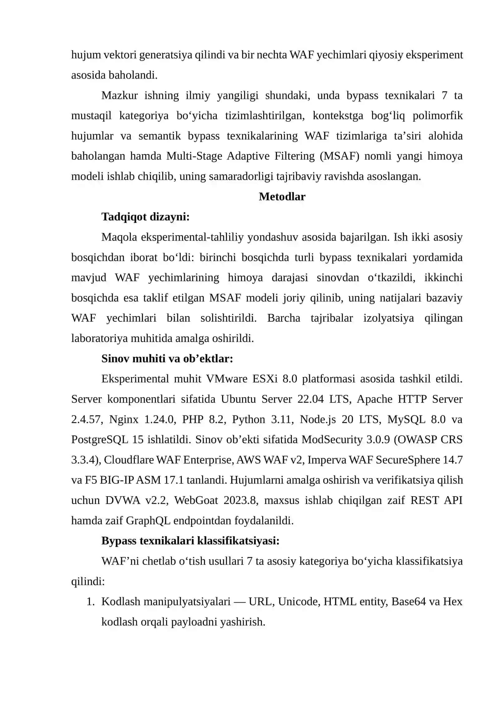 WEB APPLICATION FIREWALL (WAF) TIZIMLARINI CHETLAB OʻTISH USULLARI: EKSPERIMENTAL TAHLIL VA ADAPTIV HIMOYA MODELI 3