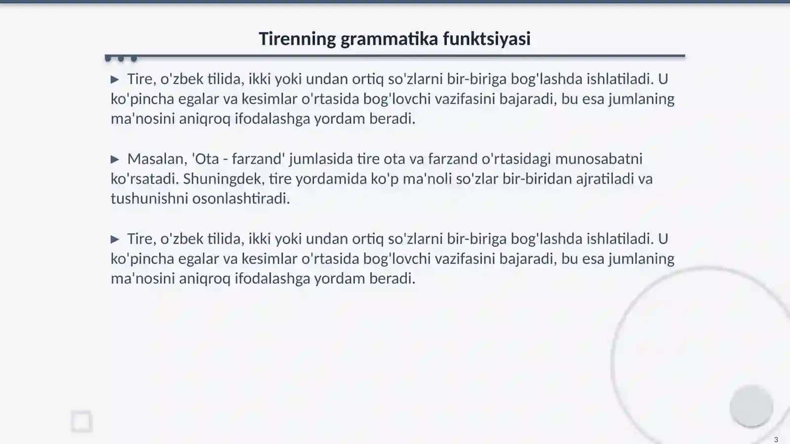 Ega va kesimning orasida tirening ishlatilishi 3
