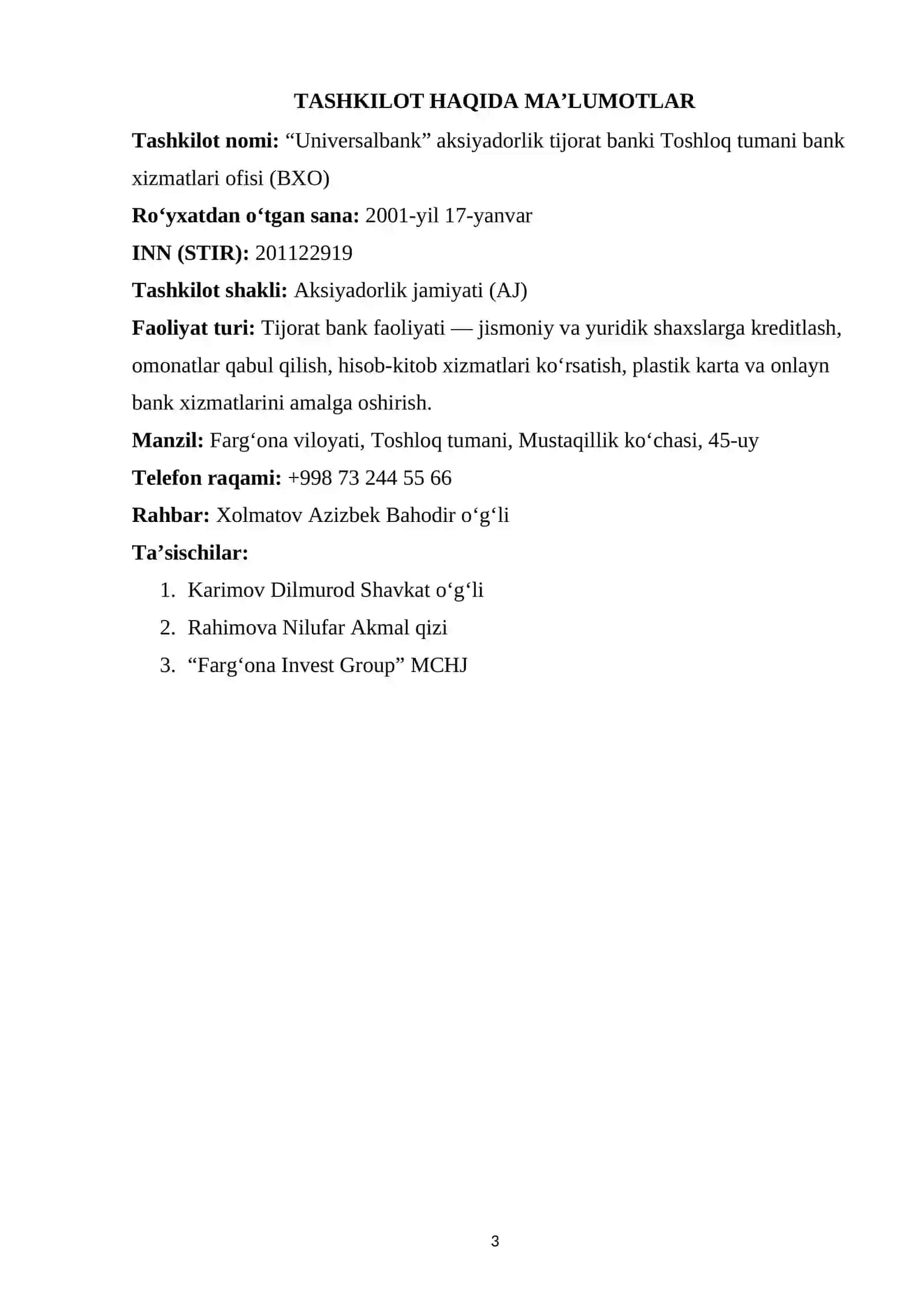 UNIVERSAL BANK. AMALIYOT HISOBOTI 3