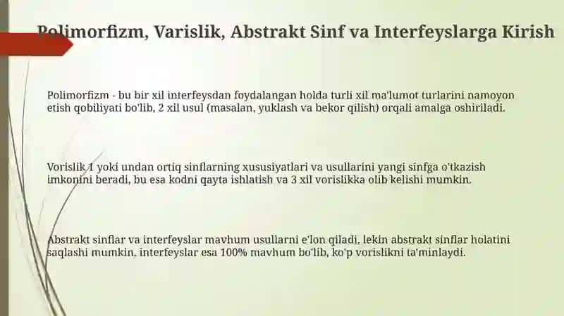 Polimorfizm. Vorislik. Abstrakt sinflar va interfeyslar 3