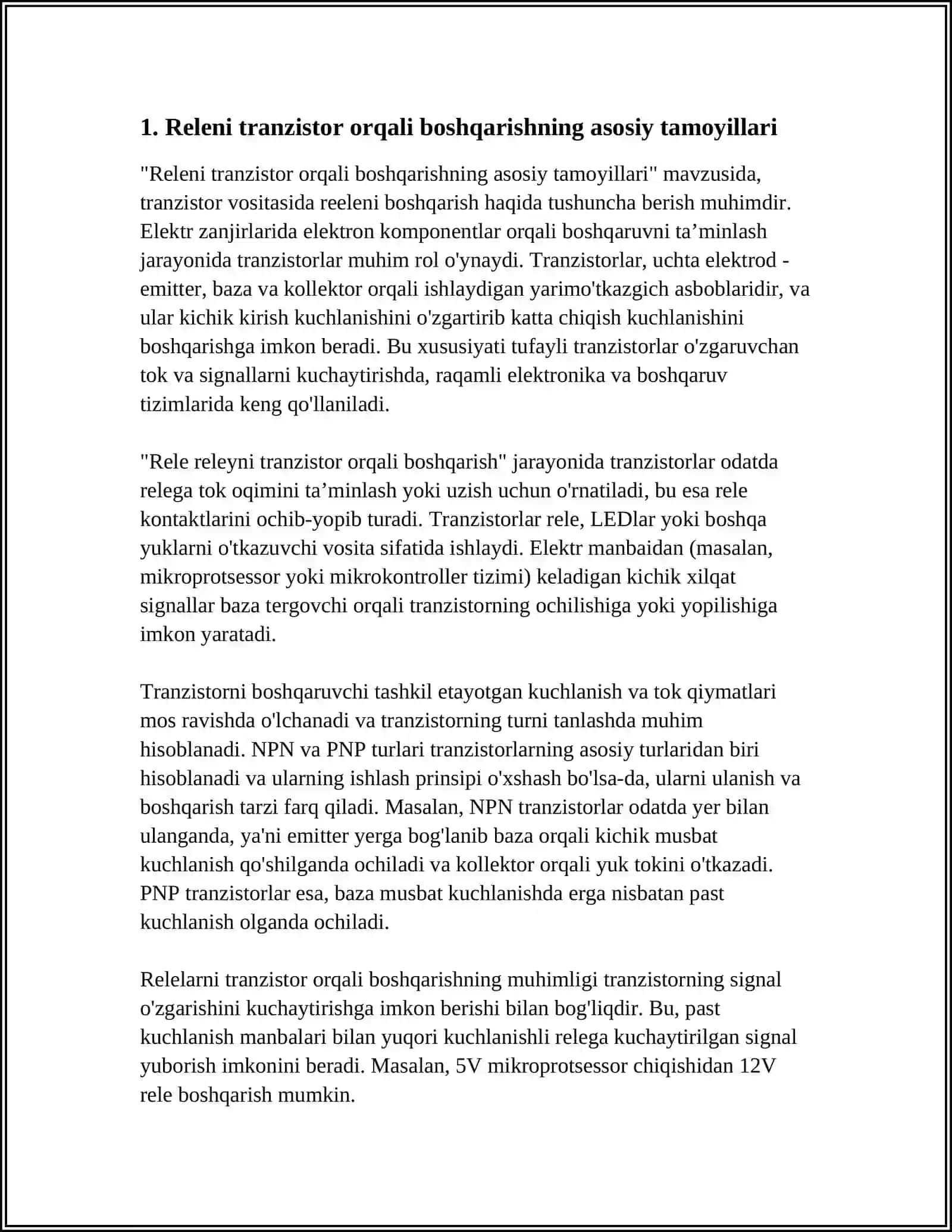 RELE RELENI TRANZISTOR ORQALI BOSHQARISH 3