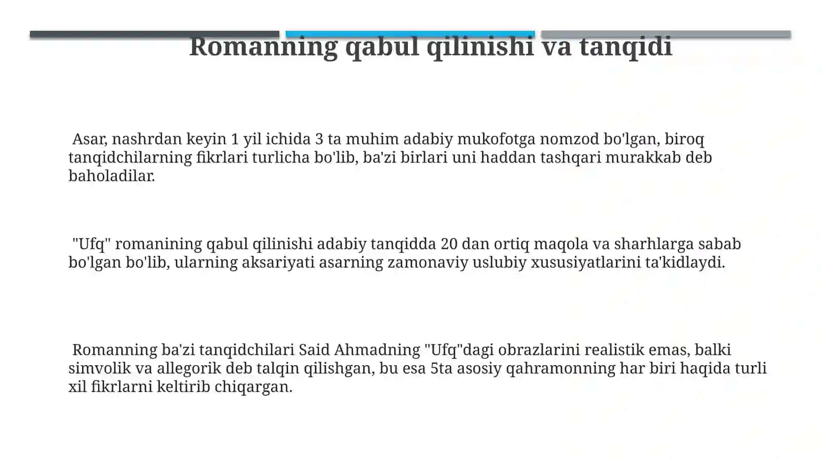 Said Ahmadning "Ufq" romani tahlili 3