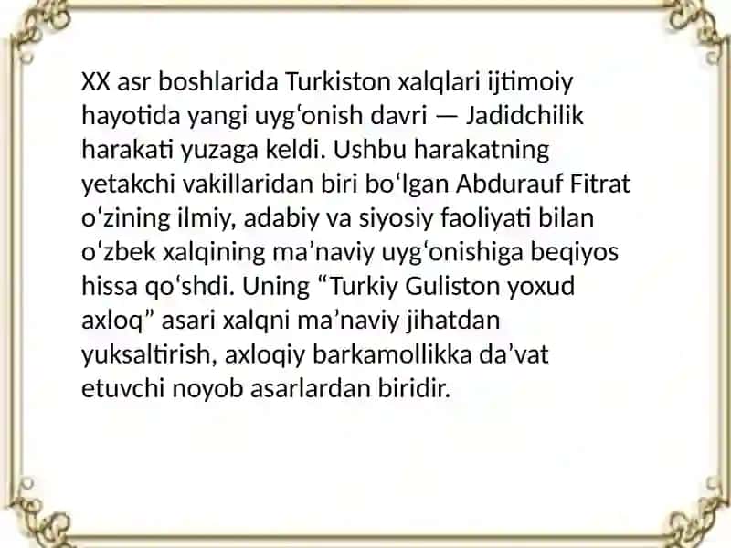 "Turkiy Guliston yoxud axloq" asari taqdimoti 3