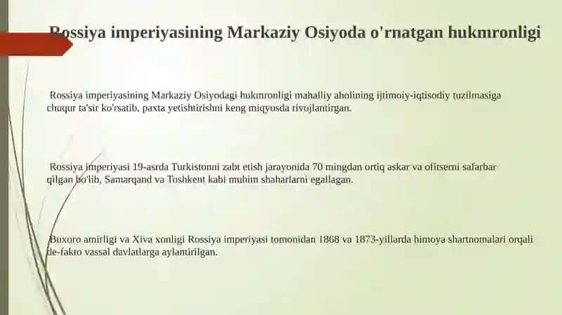 Rossiya imperiyasining Markaziy Osiyoda o'rnatgan hukmronligi 3