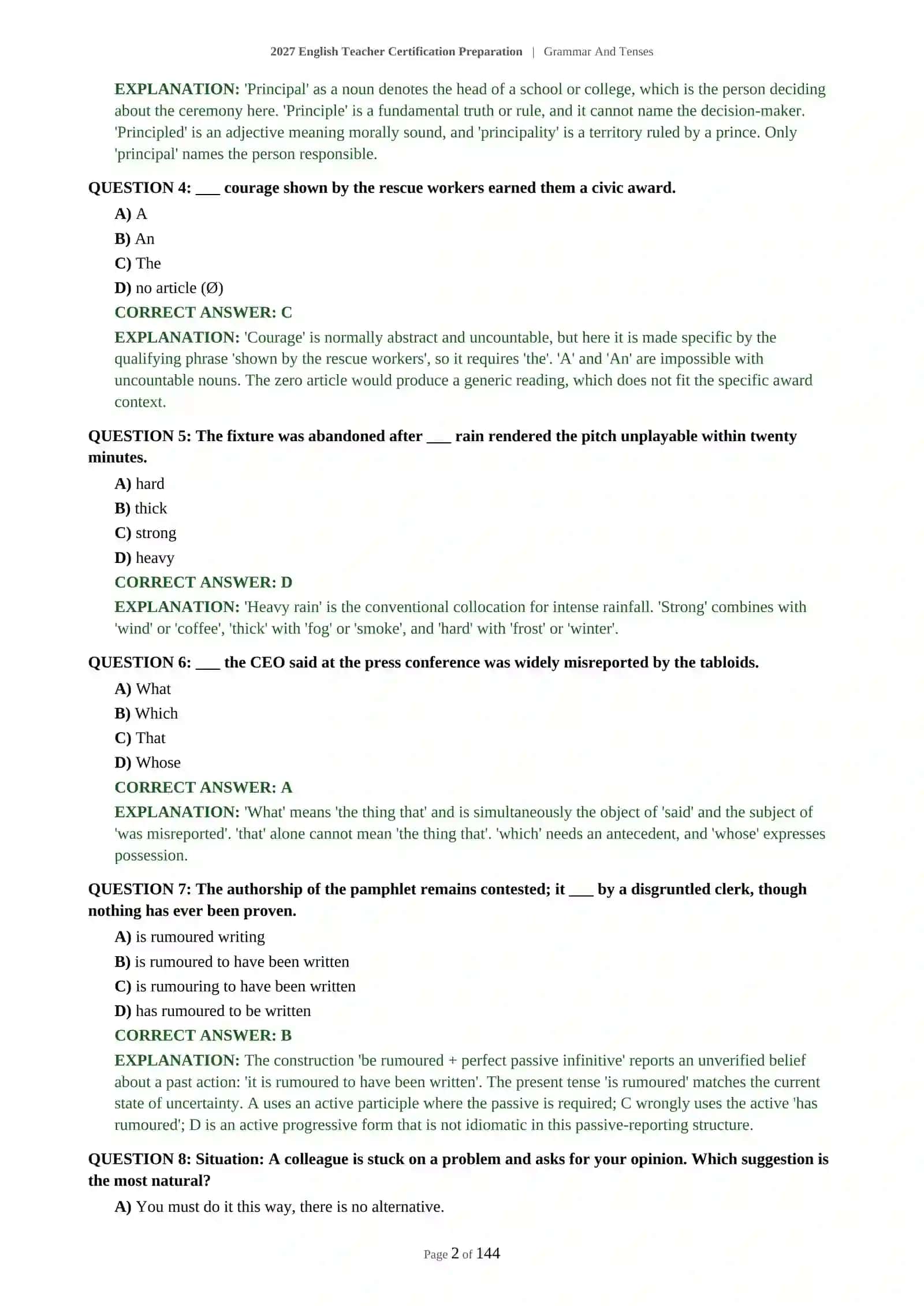 ENGLISH LANGUAGE TEACHER ASSESSMENT - GRAMMAR AND TENSES - 2027 CERTIFICATION PREPARATION 3