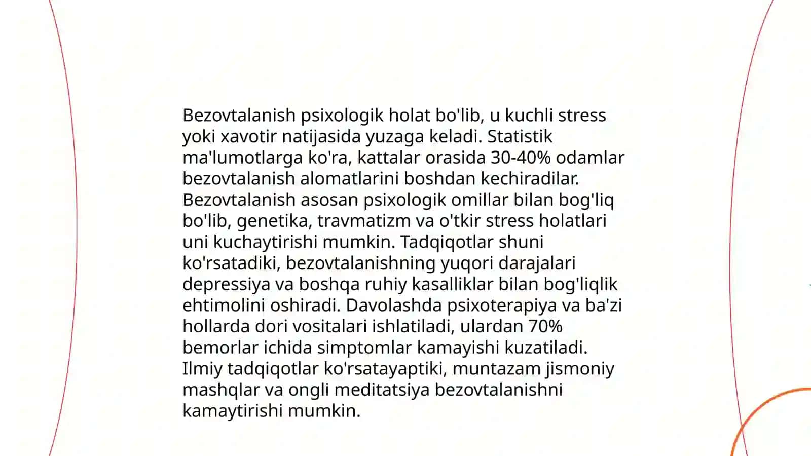 Bezovtalanish tushunchasi.Jarohatdan kiyingi stressli holatlarda bezovtalanish bilan bog'liq kechinmalar bilan ishlash 3