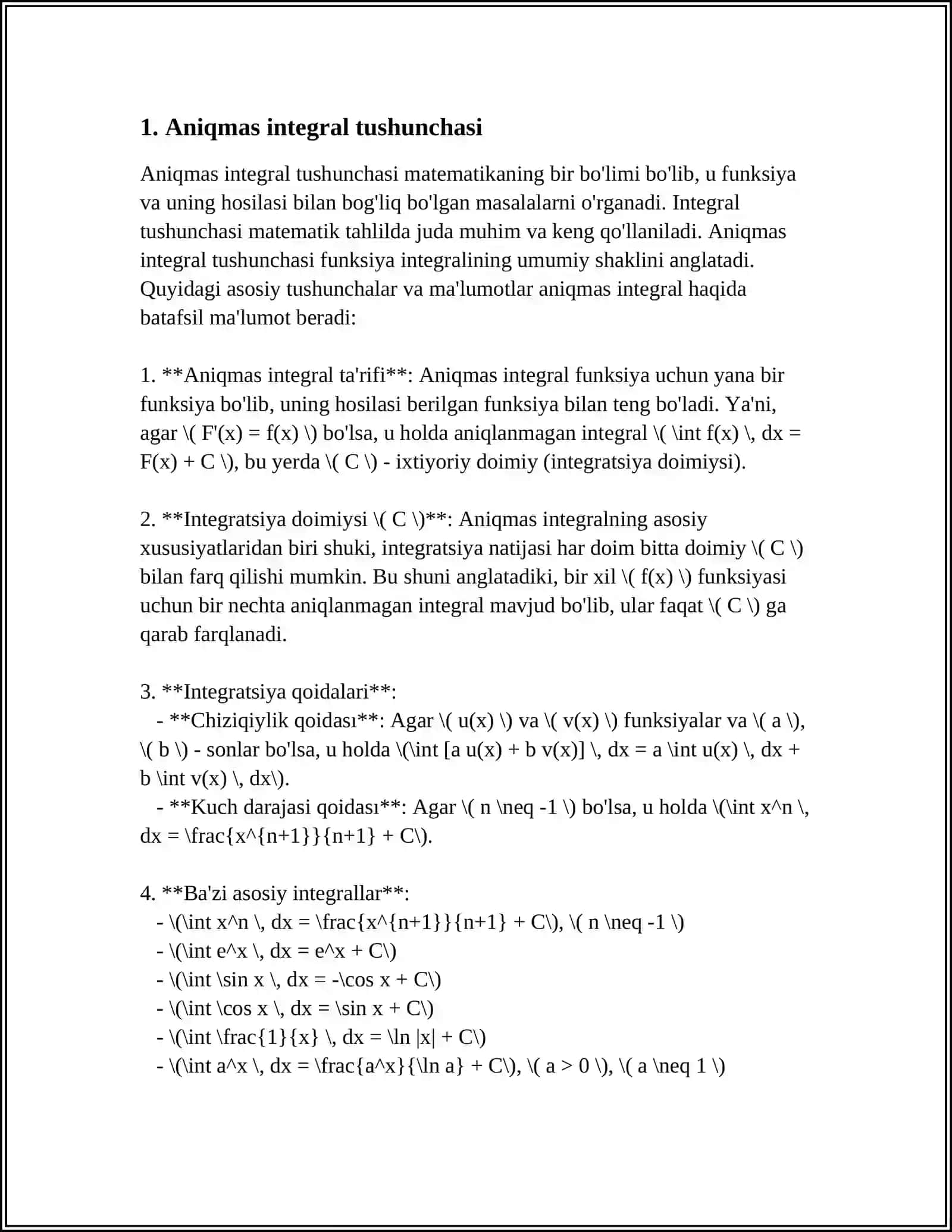 BOSHLANG'ICH FUNKSIYA ANIQMAS INTEGRAL.INTEGRALLASH USULLARI 3
