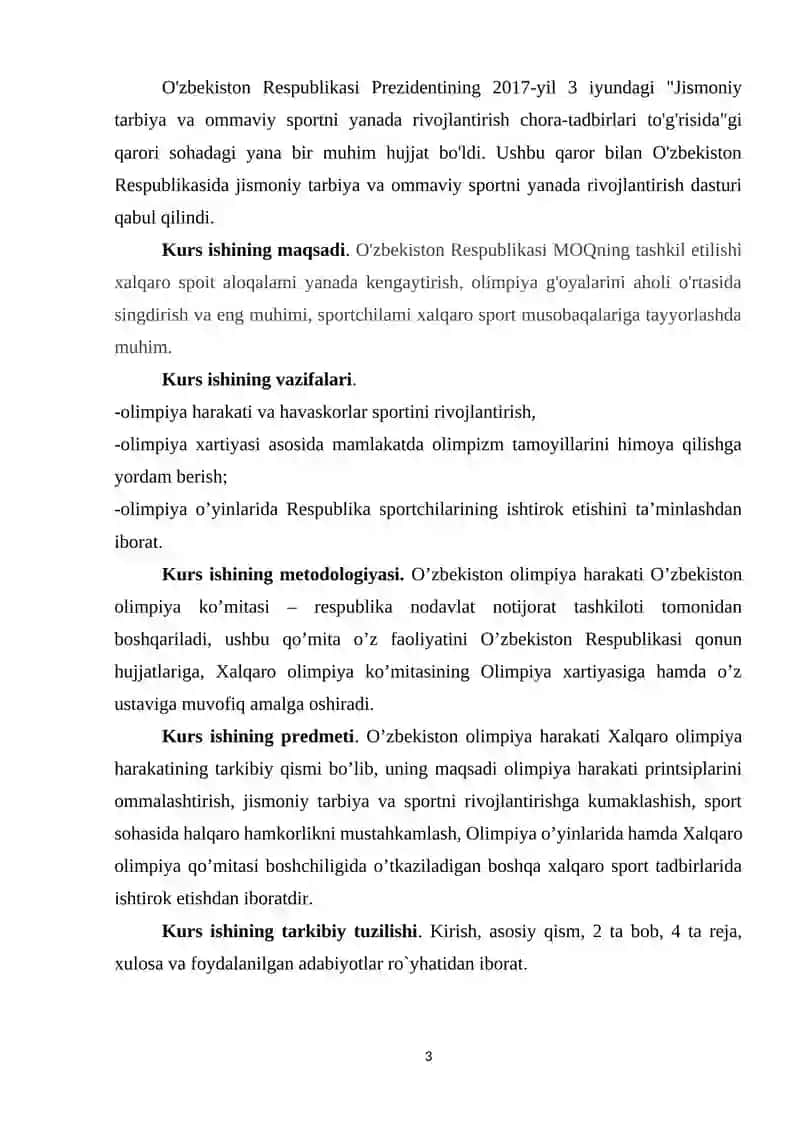 O'ZBEKISTON RESPUBLIKASI MILLIY OLIMPIYA QO'MITASINING TASHKIL TOPISHI MUNTARIJA 3