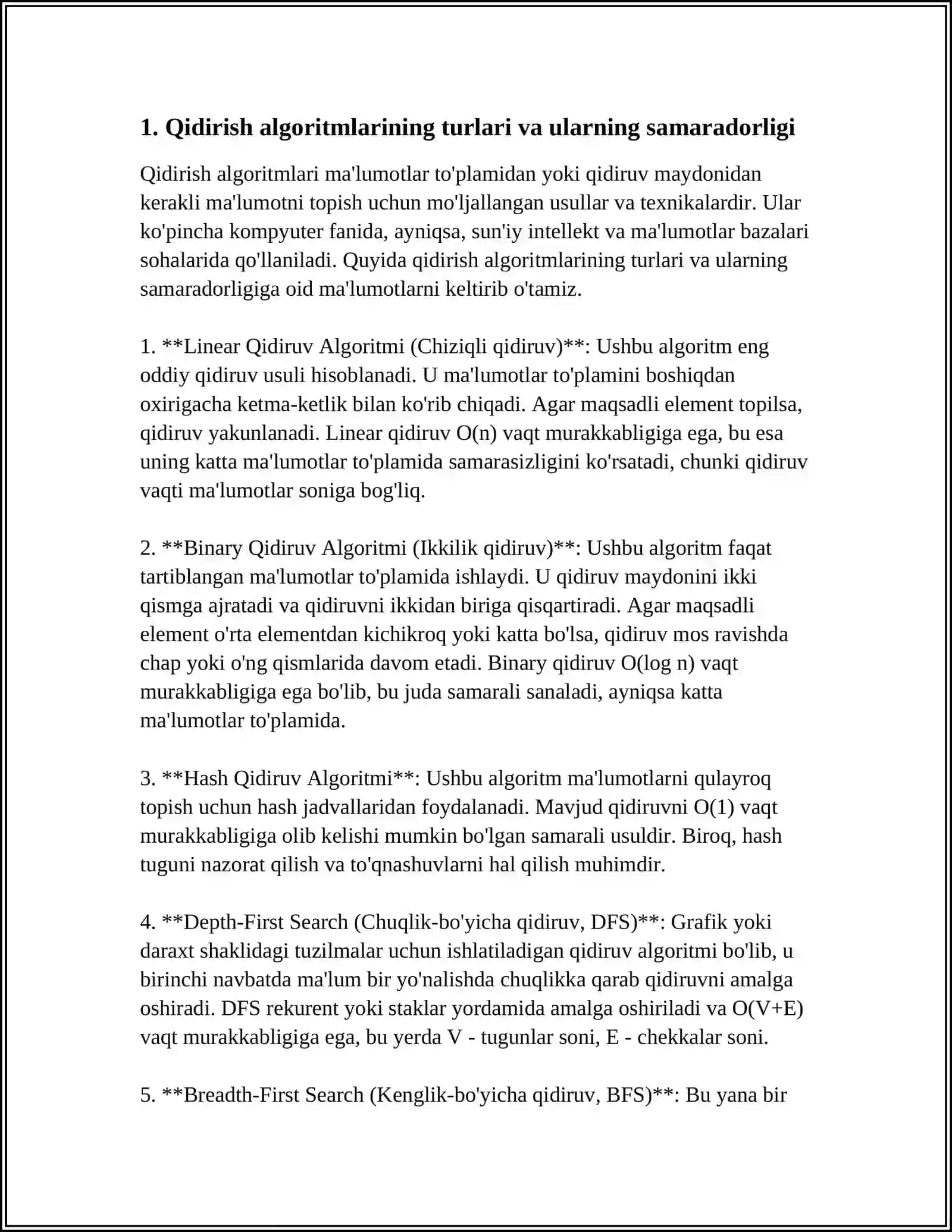 QIDIRISH USULLARI SAMARADORLIGI VA OPTIMALLASHTIRISH.MUSTAQIL ISH 3