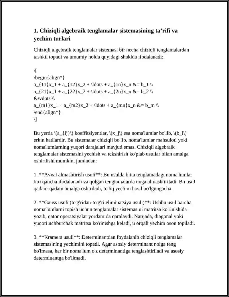CHIZIQLI ALGEBRAIK TENGLAMALAR SISTEMASINI YECHISH VA TEKSHIRISH.TEKISLIKDAGI TO‘G‘RI CHIZIQQA DOIR ASOSIY MASALALAR 3