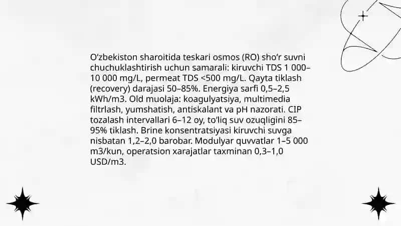 Oʻzbekiston sharoitida shoʻr suvni chuchuklashtirish 3