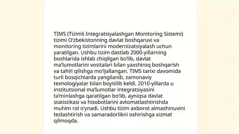 TIMS (Tizimli Integratsiyalashgan Monitoring Sistemi) 3