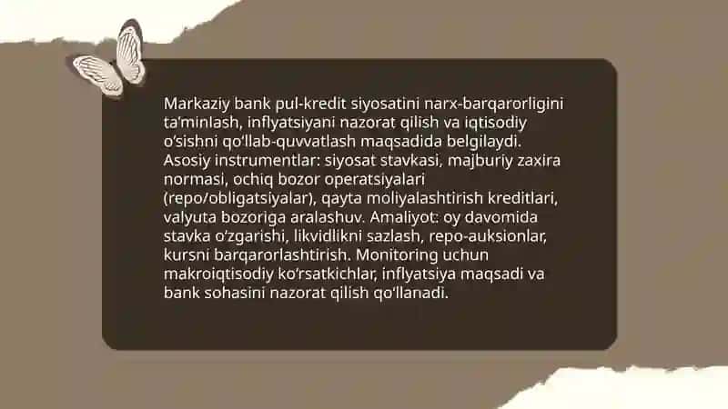 O’zbekiston Respublikasi Markaziy bankining vazifalari va funktsiyalari 3