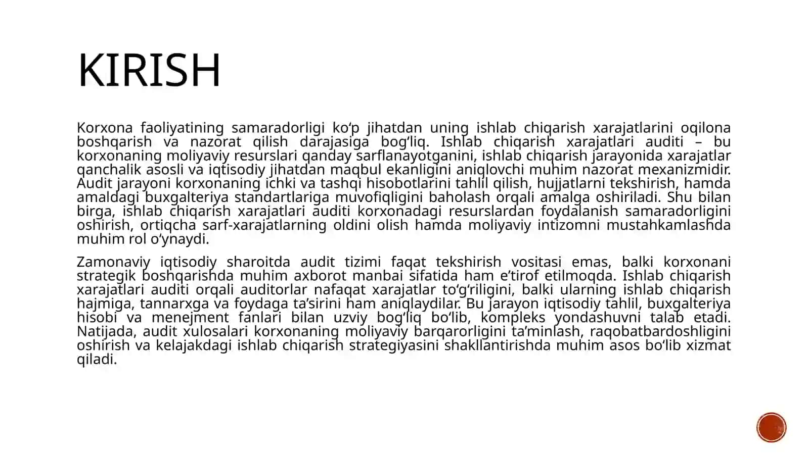 Ishlabchiqarish xarajatlari auditini oʻtkazish nirejalashtirish 3