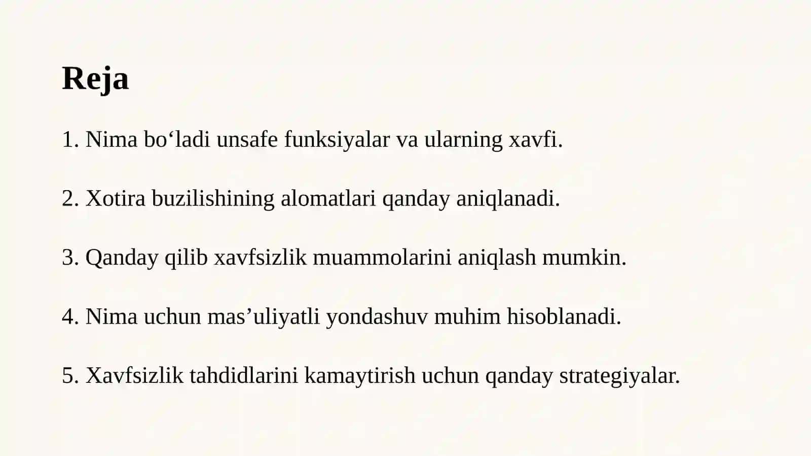 Vulnerability research (mas’uliyatli): unsafe functions, memory corruption alomatları 3