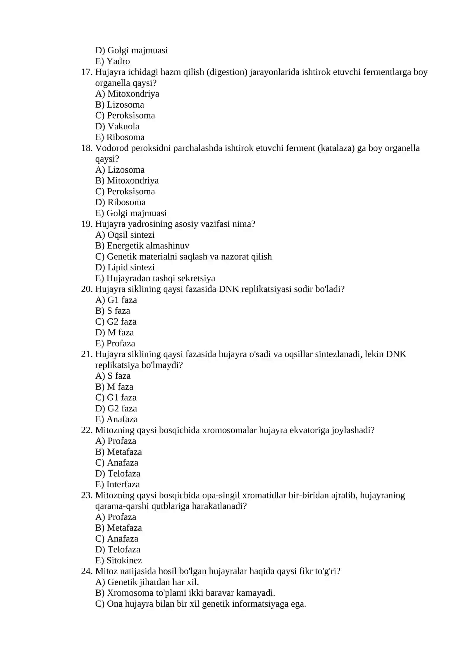 HUJAYRA BIOLOGIYASI ASOSLARI tEST 3