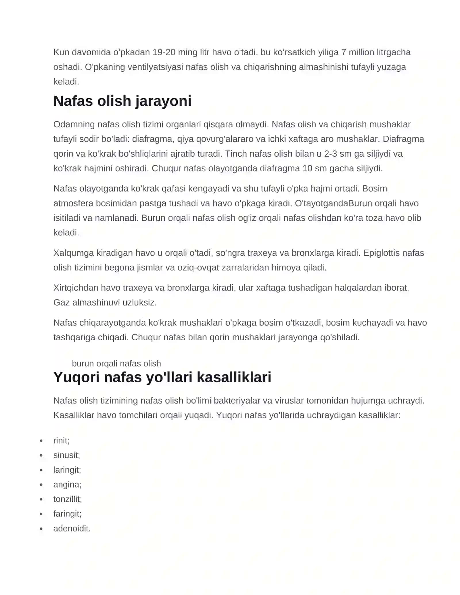 Nafas olish tizimi: tuzilishi, normasi va og'ishlari, nafas olish fiziologiyasi 3