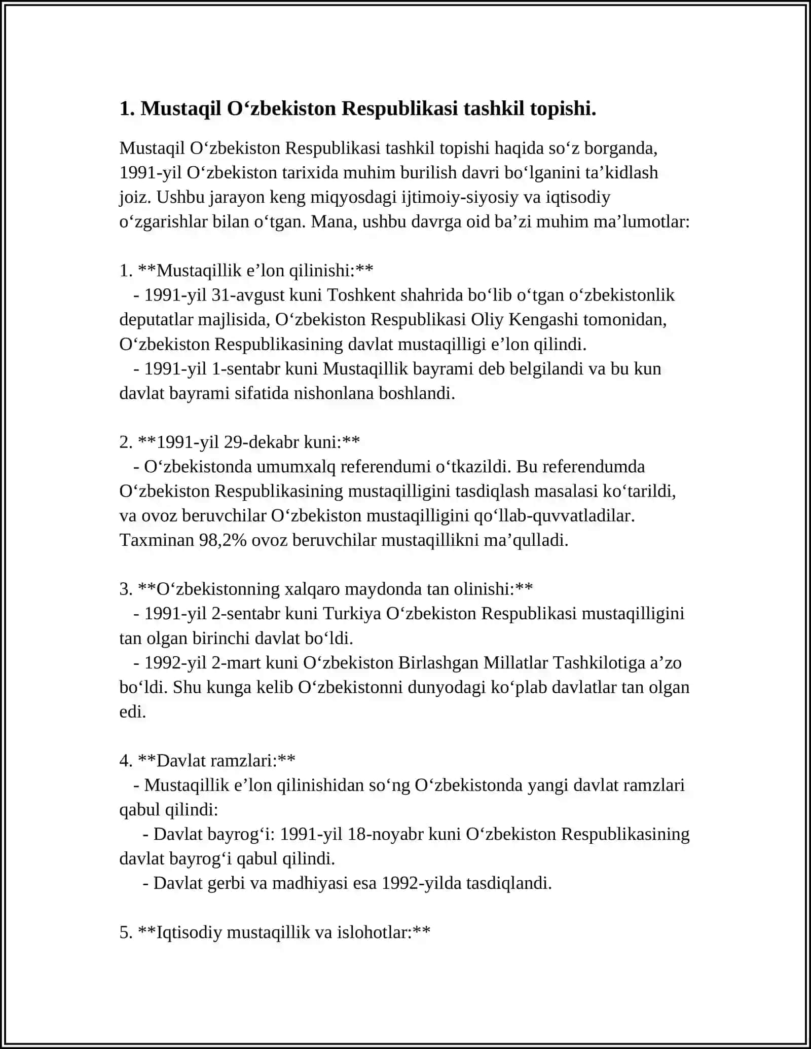 Mustaqil Oʻzbekiston Respublikasi tashkil topishi 3