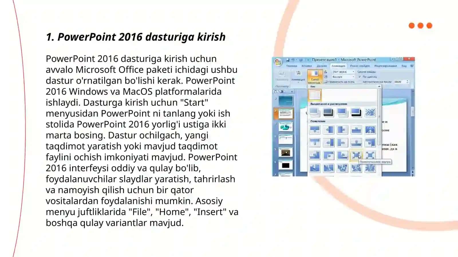 PowerPoint 2016 dasturi va uning imkoniyatlari 3