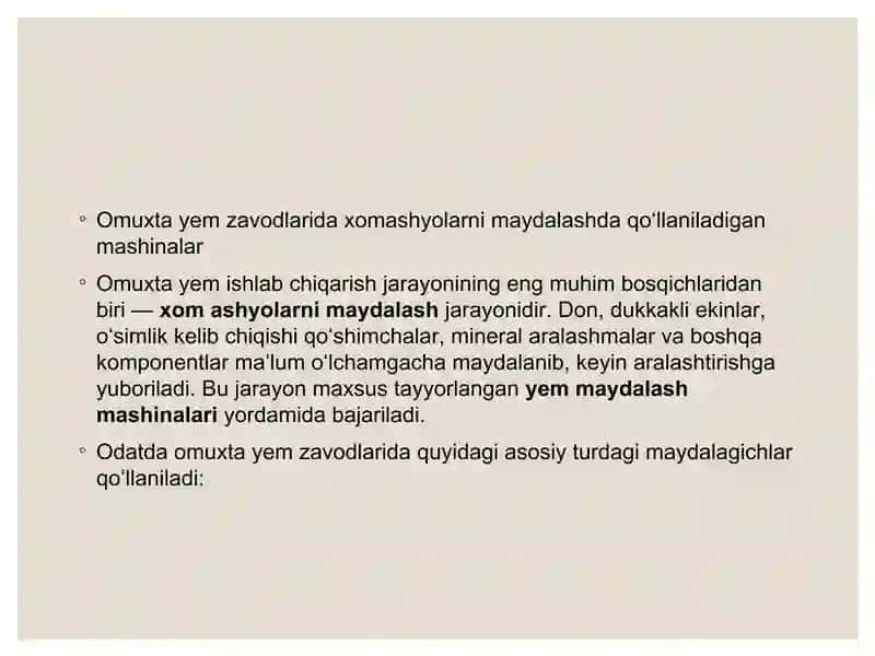 Omuxta yem zavodlarida xomashyolarni maydalash 3
