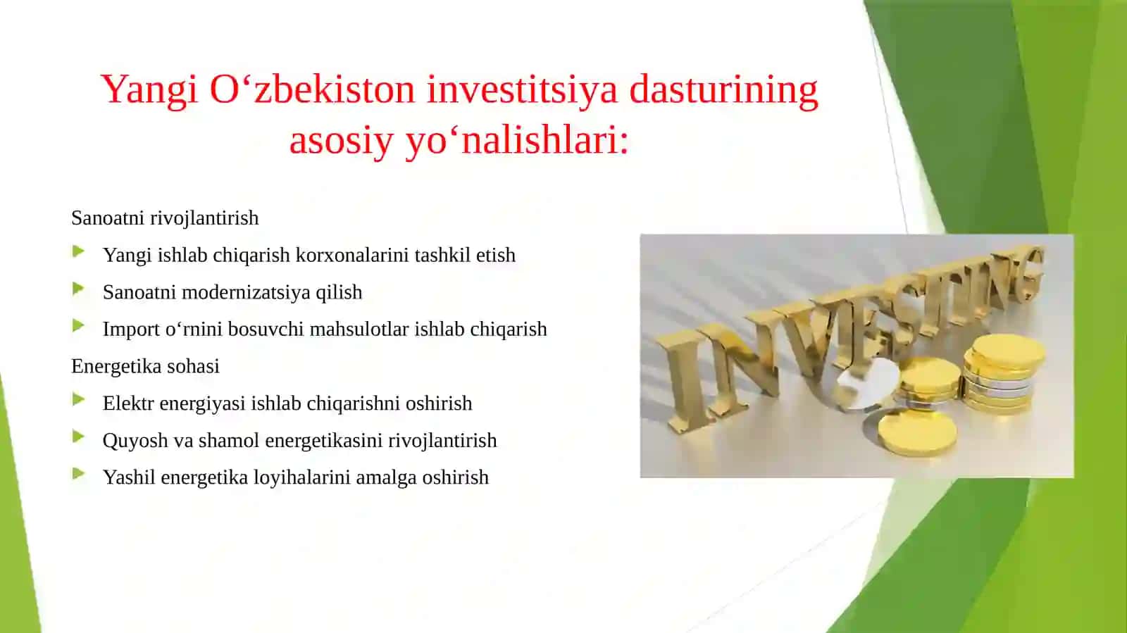 Yangi O’zbekistonning investitsiya dasturi yo’nalishlari 3