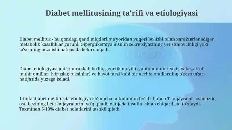 Qandli diabet kasalligi sabablari klinik turlari 3